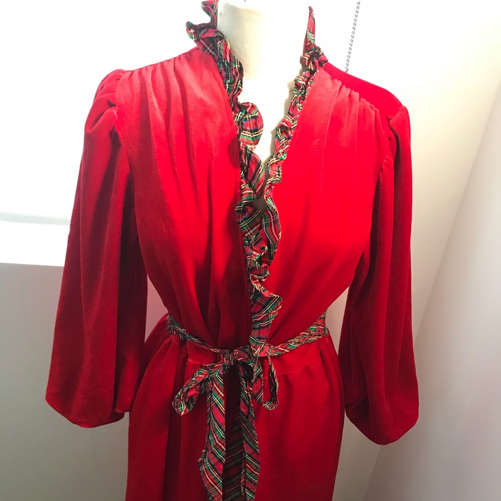 Vintage Red Velvet Robe/Duster with Plaid trim